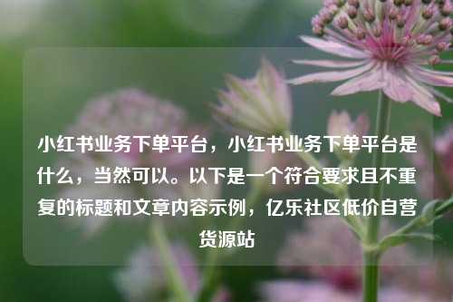 小红书业务下单平台，小红书业务下单平台是什么	，当然可以	。以下是一个符合要求且不重复的标题和文章内容示例，亿乐社区低价自营货源站  第1张